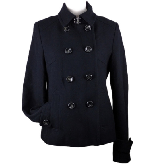JCPenney Black Wool Blend Stand Up Pointed Collar Long Sleeve Button Up Pea Coat - Picture 1 of 15